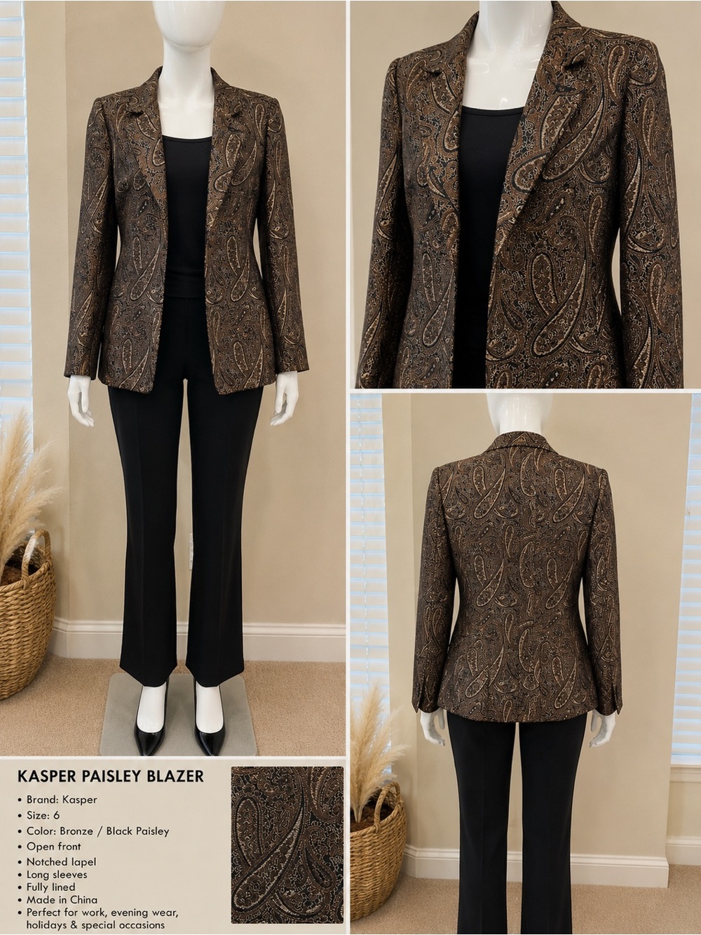 Kasper Bronze and Black Paisley Blazer